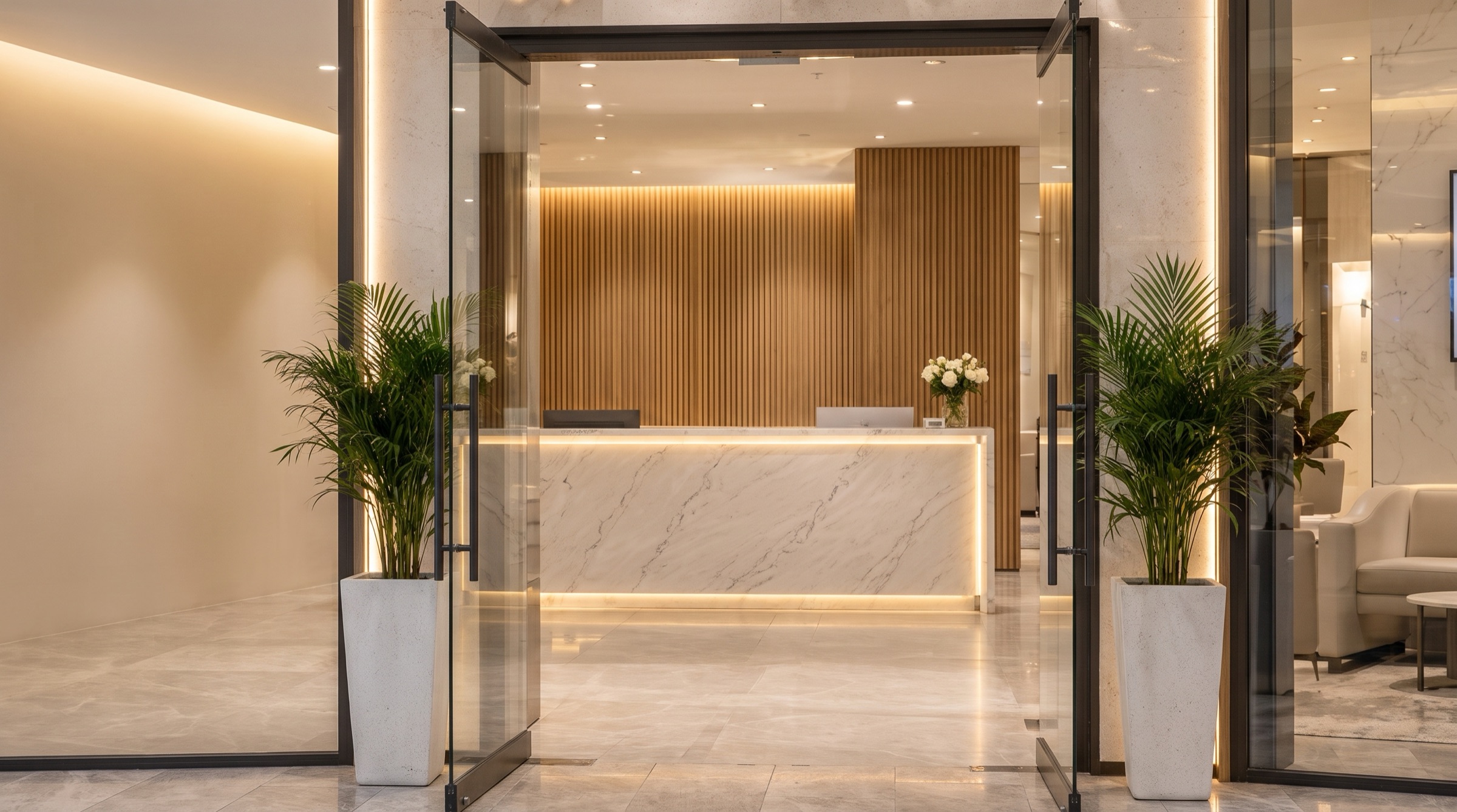 The reception of Oz Dental's new Mirrabooka studio: a travertine desk lit from beneath, vertical oak slats and palms