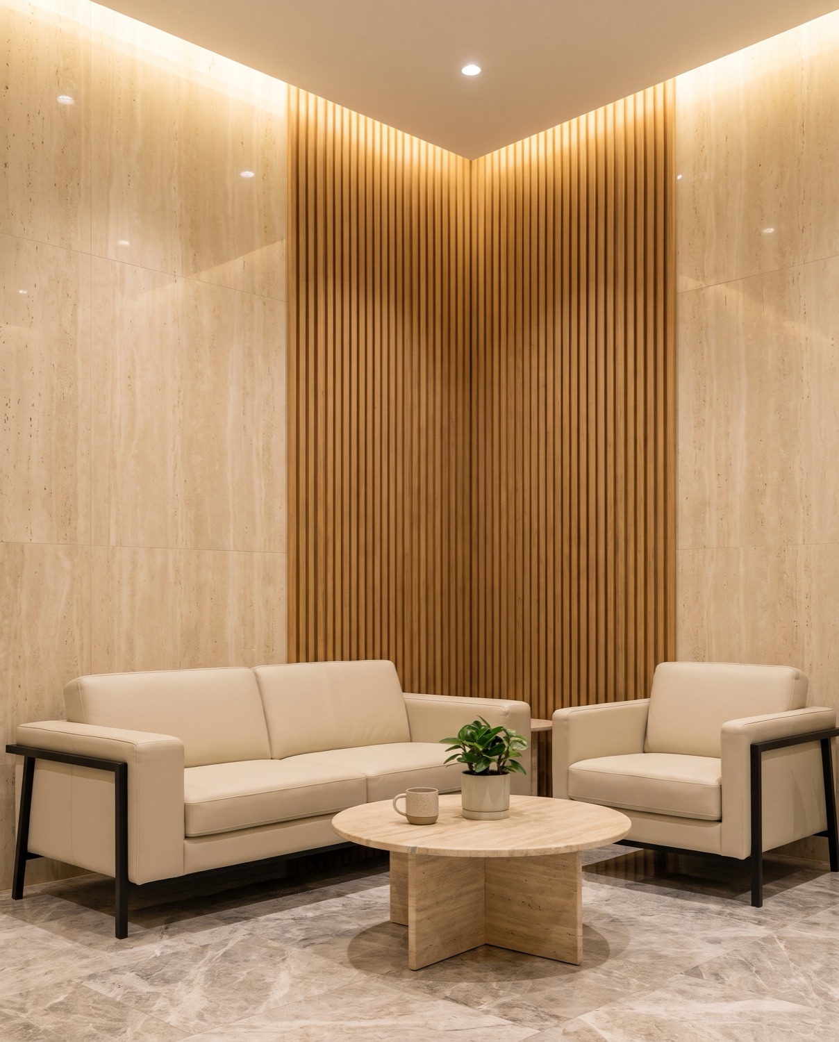 The Mirrabooka lounge: cream sofas, a round travertine table and a lit oak-slat wall