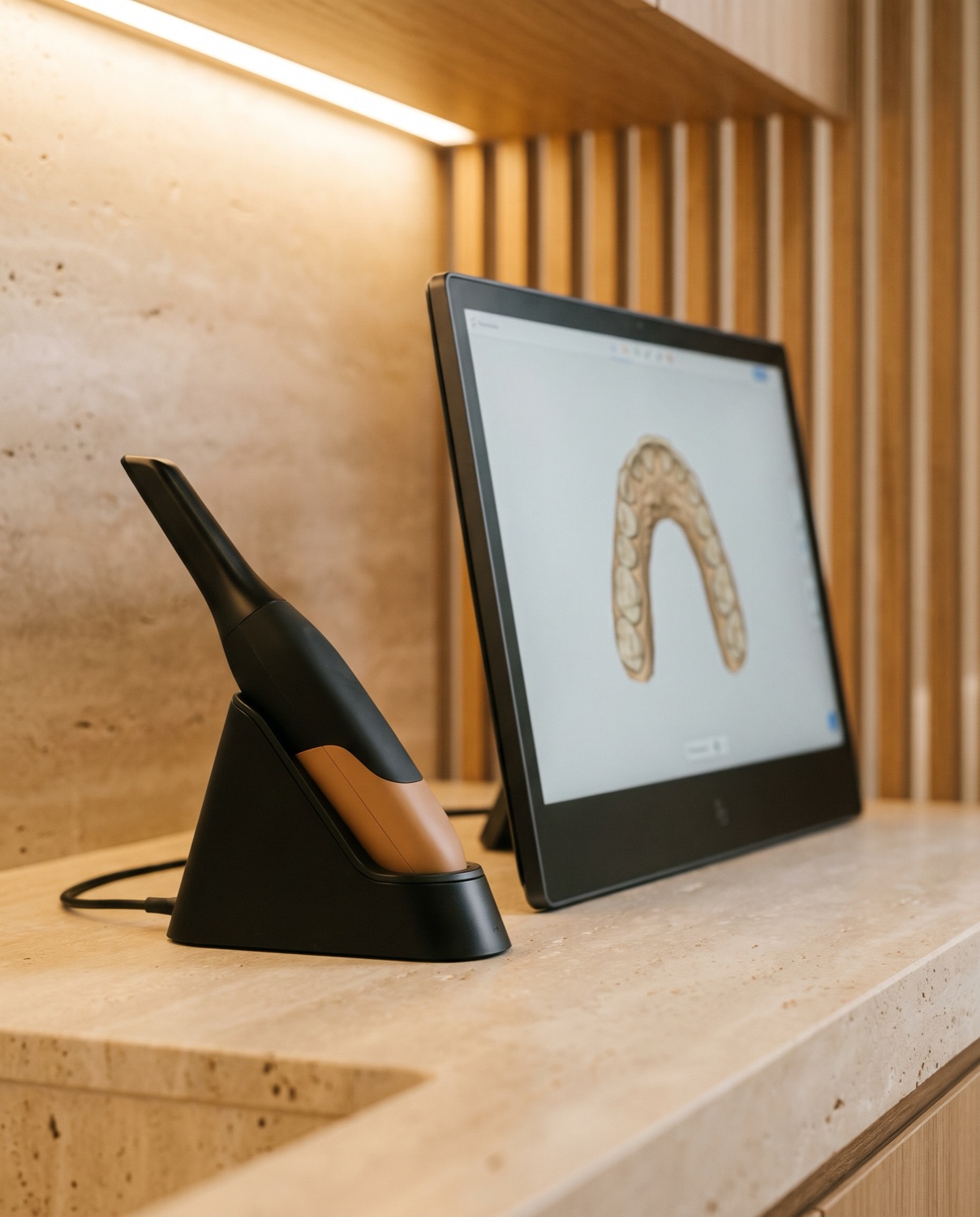 An intraoral 3D scanner beside a screen showing a 3D model of teeth