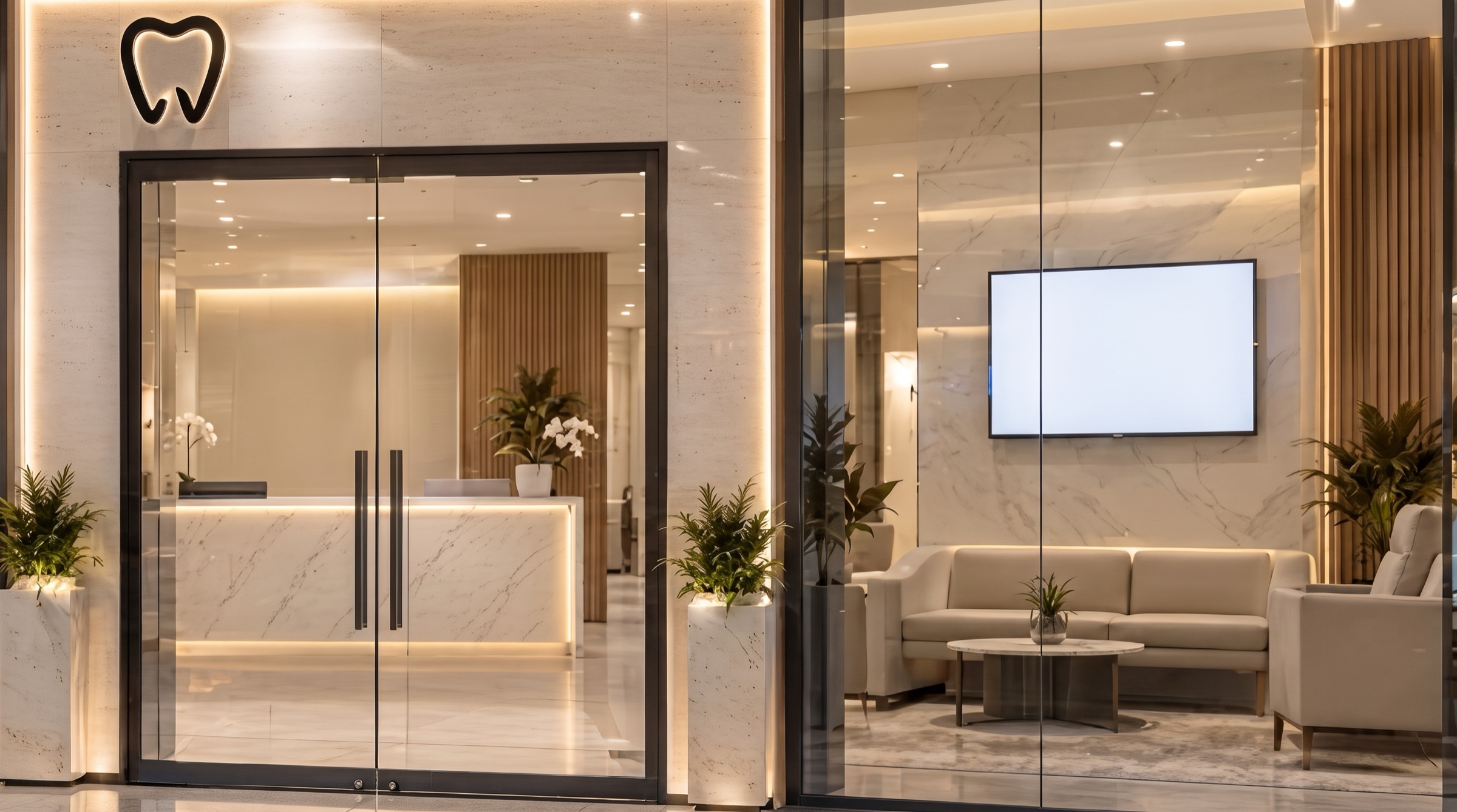 Oz Dental's glass shopfront at Mirrabooka Square, with the tooth sign above the door